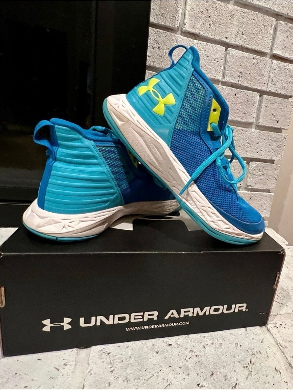 Under Armour Kids Teal/Blue Basketball Sneakers with Neon Yellow Logo